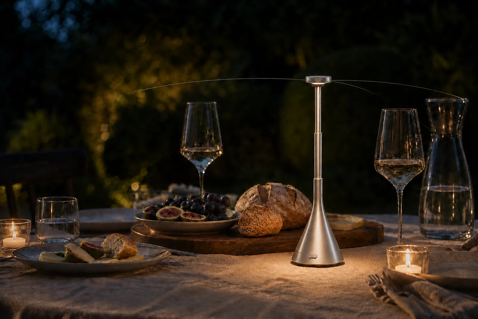 evenvale fine filaments and a warm downlight together on a candlelit outdoor table
