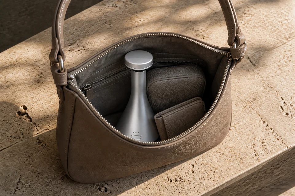 Compact silver evenvale tucked inside a medium taupe handbag beside sunglasses