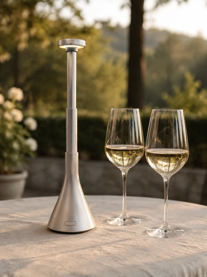 Extended silver evenvale and its warm downlight beside tall wine glasses