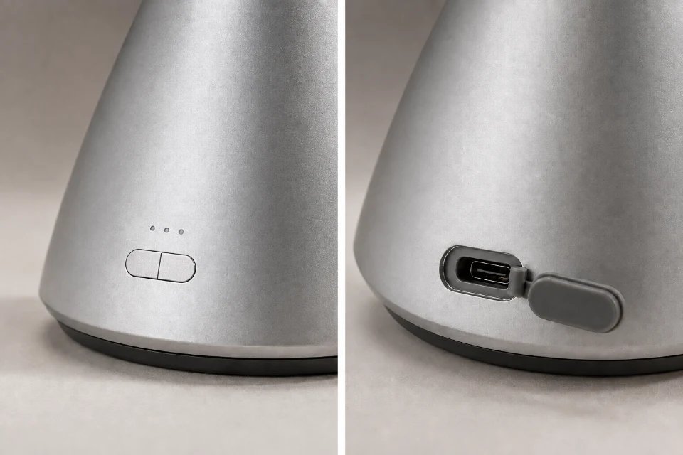 Close details of the evenvale satin anodized surface, body controls and covered USB-C charging port