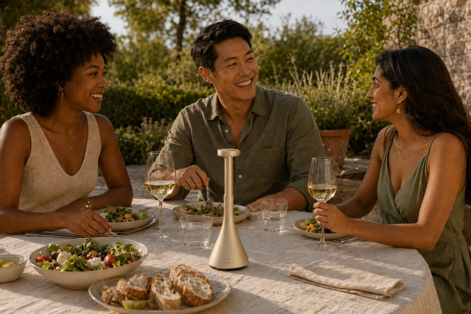 Champagne evenvale on a sunlit outdoor dining table shared by three friends