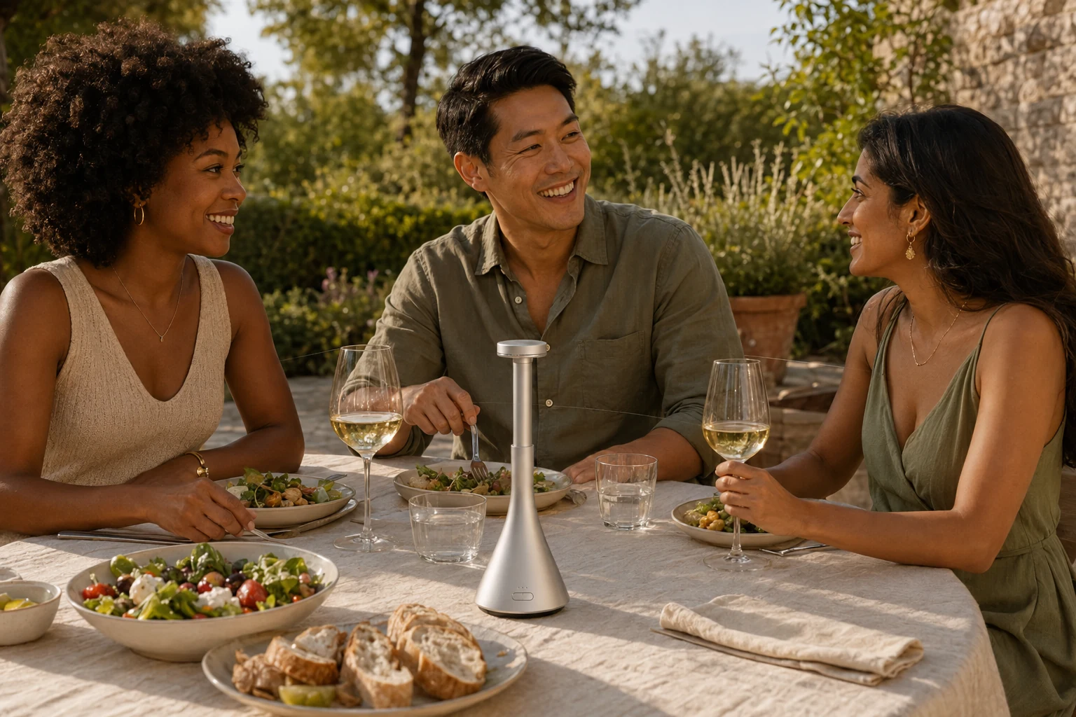 Silver evenvale on a sunlit outdoor dining table shared by three friends